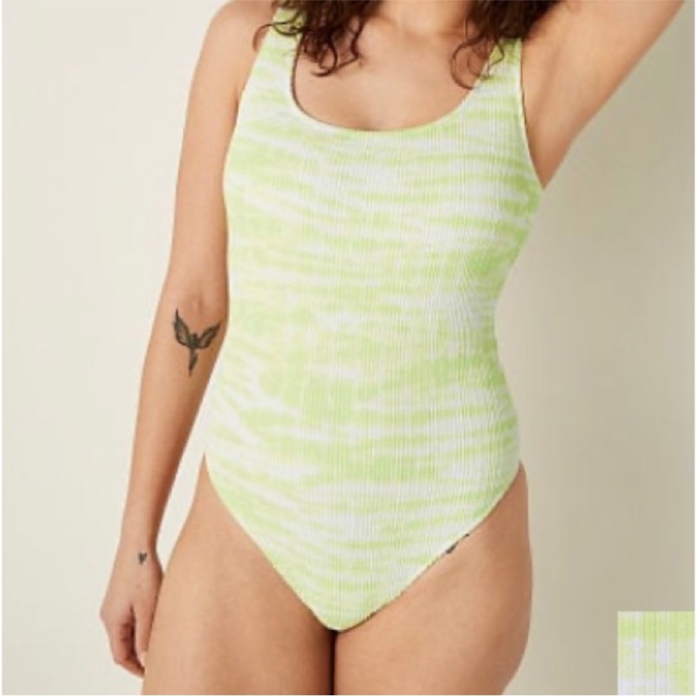 NWOT Victoria's Secret PINK Crinkle Scoop ONE-PIECE SWIMSUIT Green Tie-dye